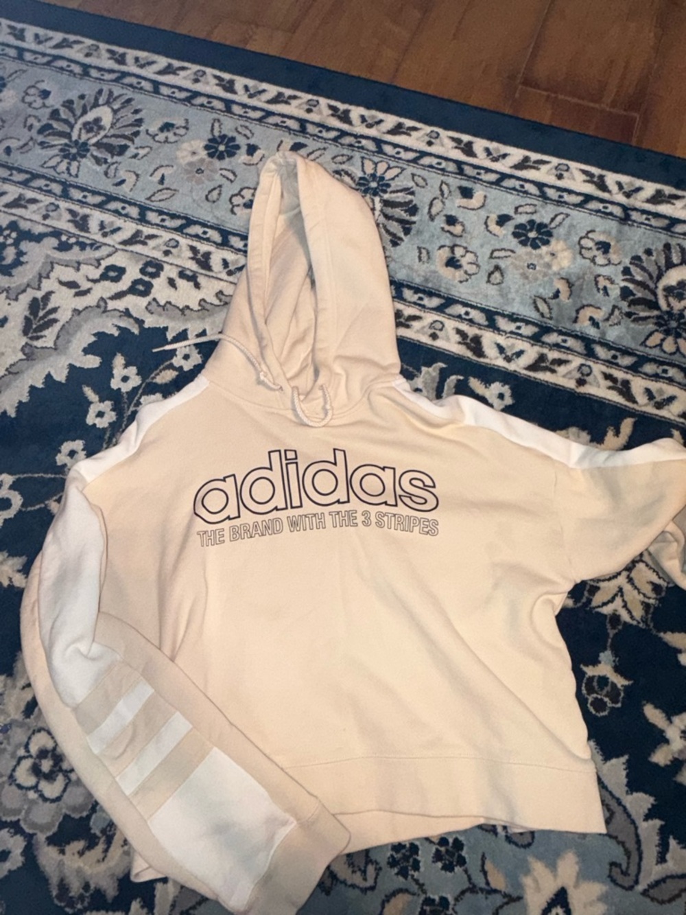 adidas Cream Hoodie with White Sleeve Stripes